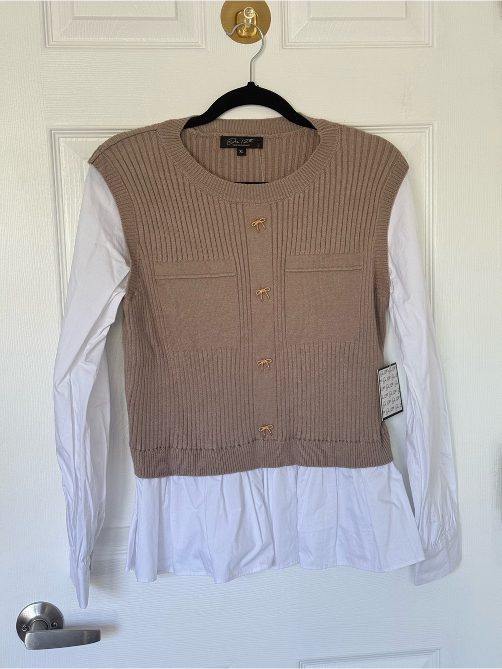 Layered Taupe Knit Sweater with White Shirt Hem - Bella Dahl